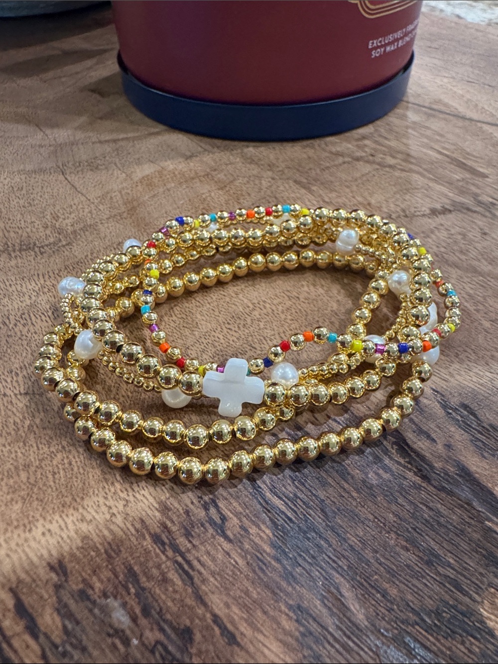 Gold Pearl Stackable Beaded Bracelet Set with White Cross Accent - Picture 12 of 14